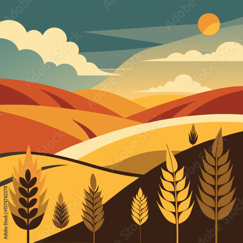Golden wheat field at sunset, a vector illustration of nature's harvest