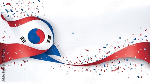 South Korea National Flag with Confetti and Vibrant Decorative Ribbon