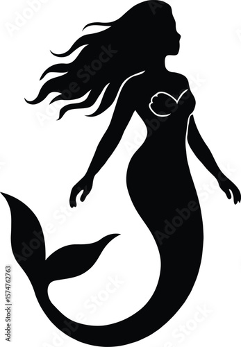Elegant Mermaid Silhouette  A Black and White Illustration of a Mythical Sea Creature