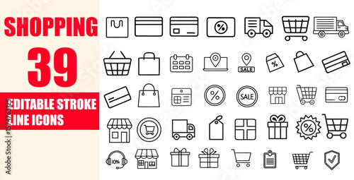 39 Editable Stroke Shopping Line Icons  E-commerce, Retail, and Online Shopping Symbols