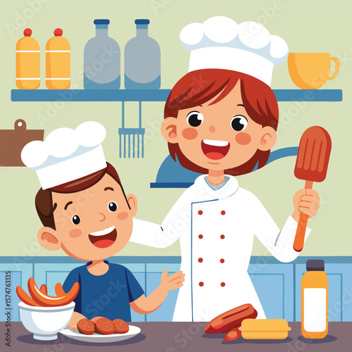Little boy and girl cartoon chefs in uniform cook gourmet Italian pizza