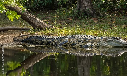 Crocodile resting in a shallow, tranquil waterway