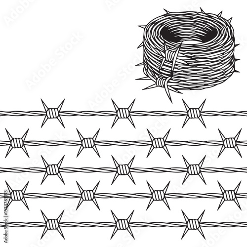 barbed wire vector illustration with coiled roll and multiple strands for security fencing and industrial design projects