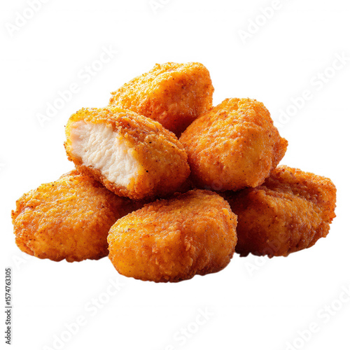 A pile of crispy golden chicken nuggets with one nugget bitten showing juicy white meat isolated on transparent background