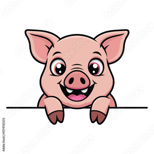 Cute cartoon pig peeking over a blank white space with a happy expression