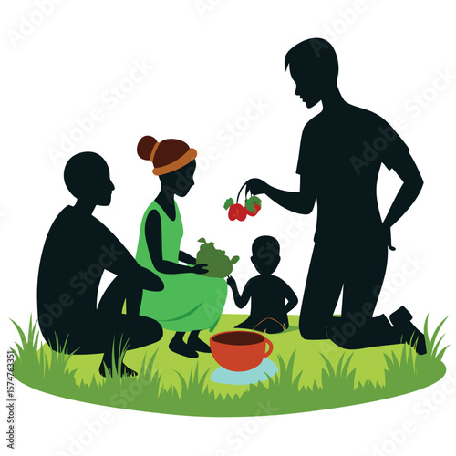 A joyful cartoon family enjoys a fun picnic in the garden, with a loving mother holding her smiling baby as a boy plays nearby