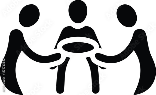 Three Black Figures Sharing a Circular Object Abstract Icon Teamwork Collaboration Symbol vector