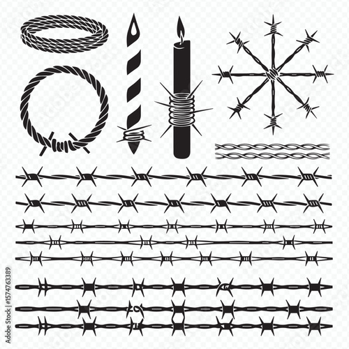 detailed barbed wire vector illustrations featuring twisted rope candle star and multiple barbed wire pattern variations