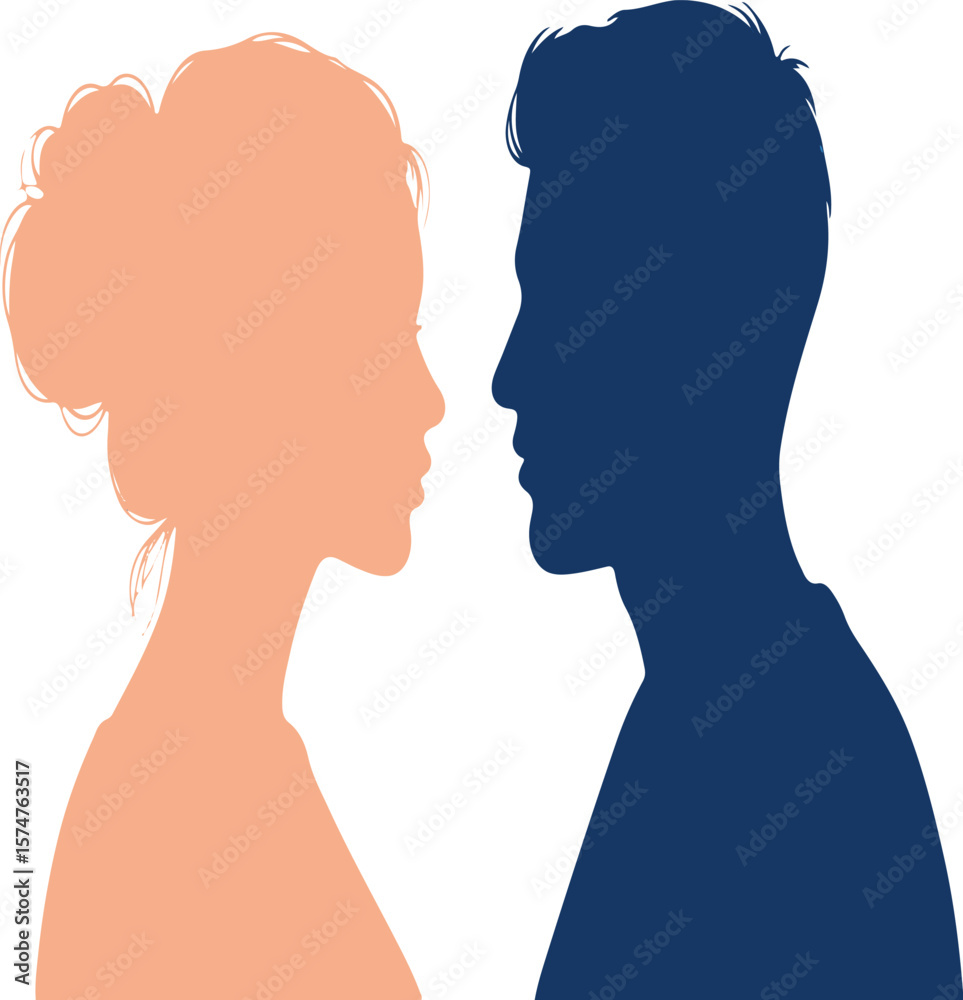 Fototapeta premium Striking minimalist silhouettes of a man and woman facing each other in profile, symbolizing connection, communication, relationship dynamics, and human interaction, ideal for conceptual designs.
