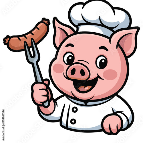 Happy cartoon pig chef holding a sausage on a fork ready to eat
