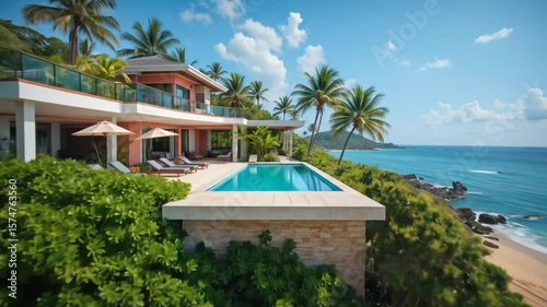 A vibrant modern villa with a swimming pool and ocean views, offering a luxurious and colorful tropical retreat. 4k video
