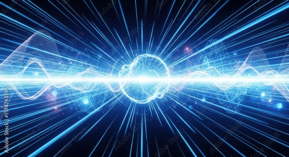 Fototapeta premium Visualizing the Flow of Abstract Energy Through a Digital Network of Interconnected Light and Sound Waves