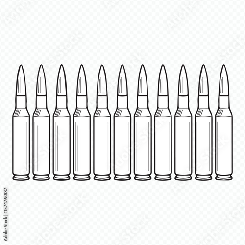 detailed vector illustration of rifle bullets in a row, black and white line art for military, hunting & shooting designs