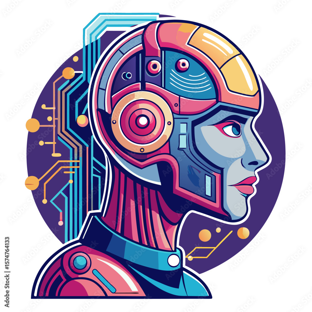 Fototapeta premium Robot, Cyborg, Futuristic Head, Metallic Illustration, Circuit Board Design isolated on Transparent Background