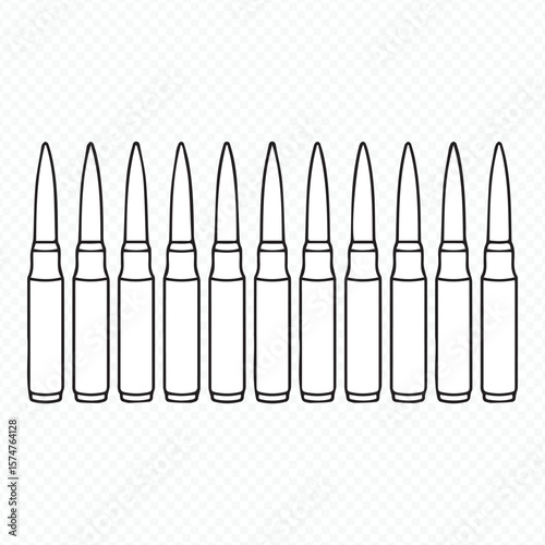 high-resolution bullet vector art showing 10 rifle cartridges in line, ideal for tactical, combat, and defense projects