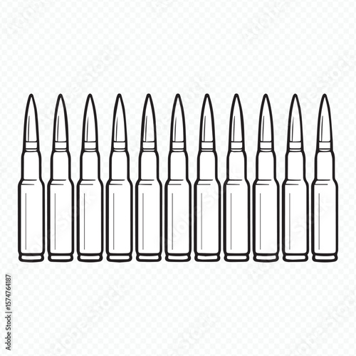 vector line art of rifle ammunition set, monochrome military icons for print, digital media, hunting equipment designs