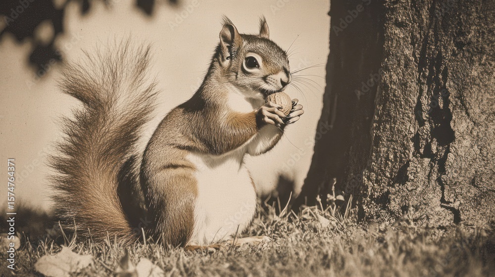 Fototapeta premium Squirrel eats a nut in a grassy field near a tree. Animal in nature for a card