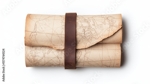 A rolled vintage map secured with a brown leather strap, showing old geographical details on aged paper.