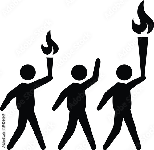 Three Simple Figures Carrying Torches Walking in a Row Black Silhouette Icon people person