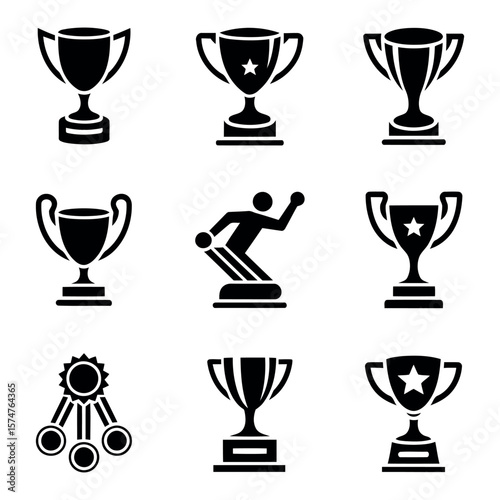 Collection of black trophy and award icons representing victory and achievement