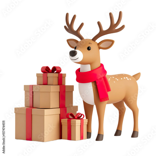 Charming 3d cartoon reindeer wearing a red scarf stands beside a stack of christmas gifts isolated on transparent background