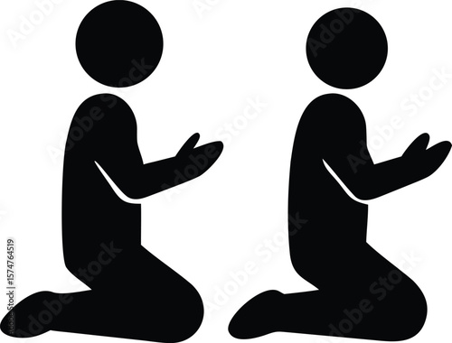 Two Black Silhouettes Kneeling in Prayer Hands Raised Simple Icon vector