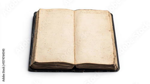 An old, weathered book lies open, showing blank, yellowed pages with visible age marks against a plain white background.