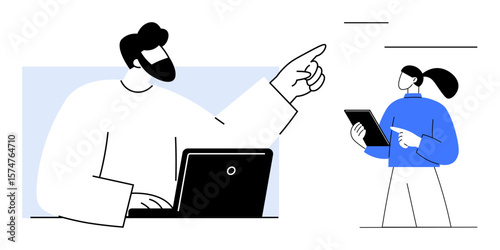 Man working on laptop pointing at woman holding tablet as they collaborate on a task. Ideal for teamwork, remote work, technology, communication, decision-making, leadership, simple landing page