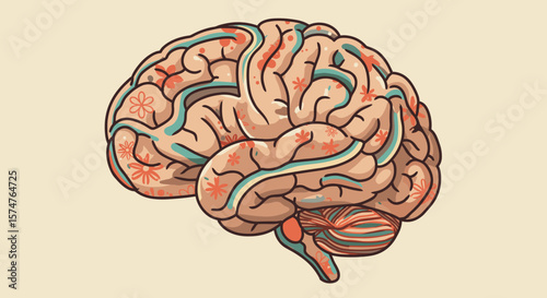 Psychedelic brain illustration with flowers to promote mental health and awareness campaigns