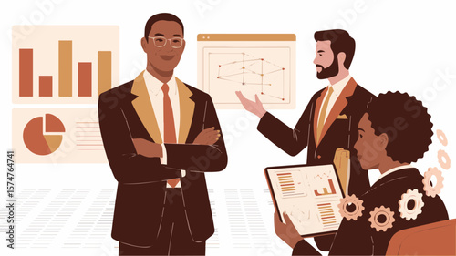 Confident business professionals collaborating on financial growth strategy with data visualization in modern office