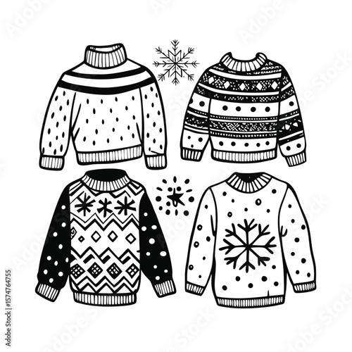 A vector illustration set of winter clothes and accessories, featuring a collection of fashion garments like jackets, sweaters, and pants for children
