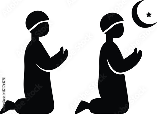 Two Silhouettes of People Kneeling in Prayer Facing a Crescent Moon and Star muslim islam