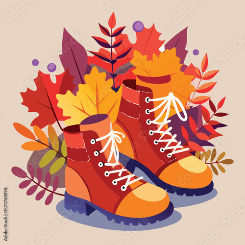 Stylish leather autumn boots with leaves, a vector illustration of footwear perfect for winter fashion