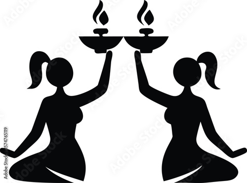 Two Women Silhouettes Seated Holding Up Twin Flames Bowls Black and White Icon vector