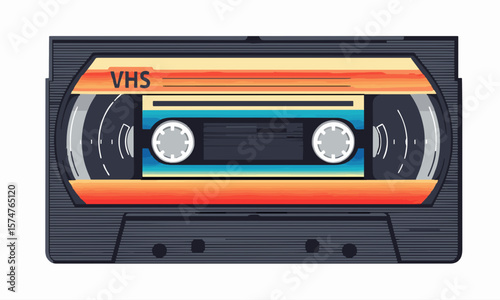 A stylized flat vector of a vintage VHS cassette with bold labels and subtle texture, isolated on white background, retro color palette.generative ai