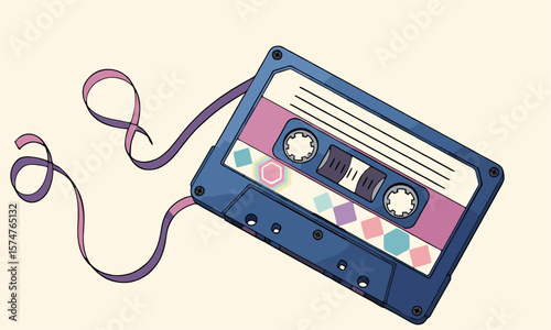 Vector illustration of a cassette tape with unspooled magnetic tape, colorful labels and nostalgic design, clean and minimalist style.generative ai