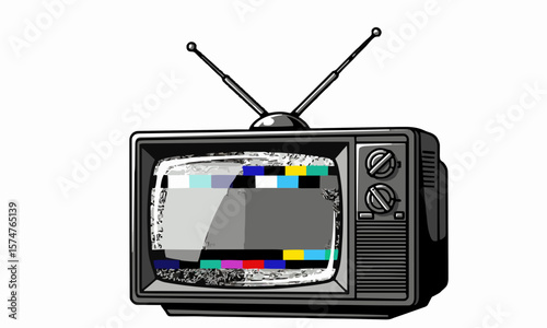 Vector of an old tube television from the 80s with antenna, colorful static screen, stylized retro aesthetic, isolated on white.generative ai