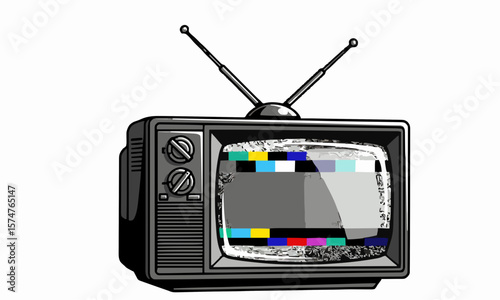 Vector of an old tube television from the 80s with antenna, colorful static screen, stylized retro aesthetic, isolated on white.generative ai