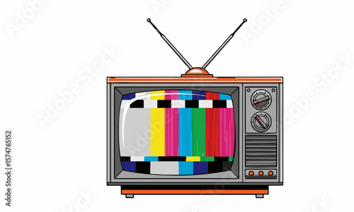 Vector of an old tube television from the 80s with antenna, colorful static screen, stylized retro aesthetic, isolated on white.generative ai
