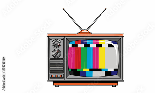 Vector of an old tube television from the 80s with antenna, colorful static screen, stylized retro aesthetic, isolated on white.generative ai