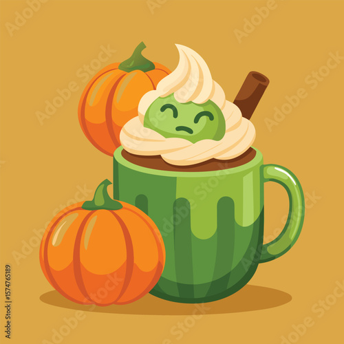 Autumn pumpkins and gourds in a glass vase, perfect for a Thanksgiving or Halloween harvest illustration