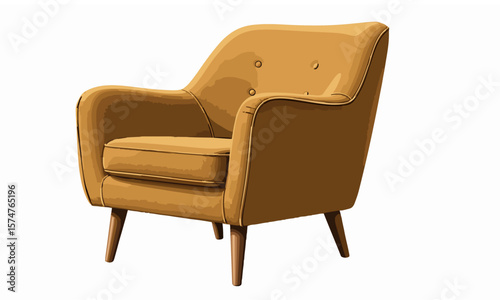 Vector illustration of a vintage armchair from the 1960s with wooden legs and mustar,color fabric, isolated, retro interior design style generative ai.