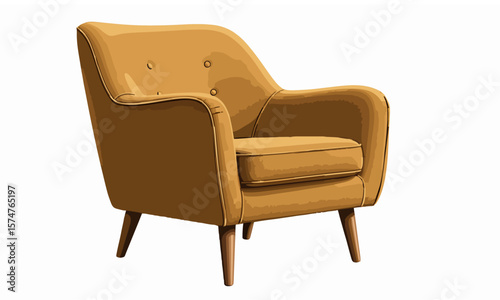 Vector illustration of a vintage armchair from the 1960s with wooden legs and mustard color fabric, isolated, retro interior design style.generative ai