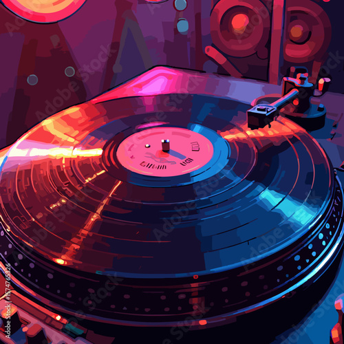 Vector of a vinyl record spinning on a vintage turntable with vibrant disco colors and retro lighting glow.generative ai