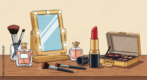 Vector illustration of a classic red lipstick with vintage-style gold case, clean lines and soft highlights, isolated.generative ai