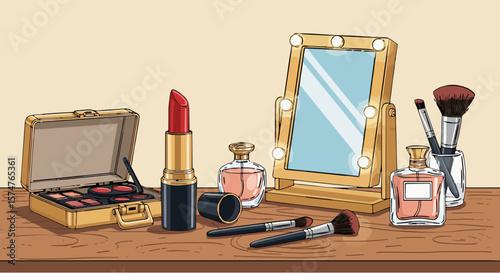 Vector illustration of a classic red lipstick with vintage-style gold case, clean lines and soft highlights, isolated.generative ai