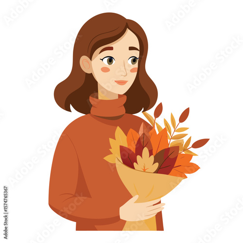 Beautiful cartoon woman with a glamorous smile, long flowing hair, and stylish eyes and lips, holding an autumn bouquet of flowers