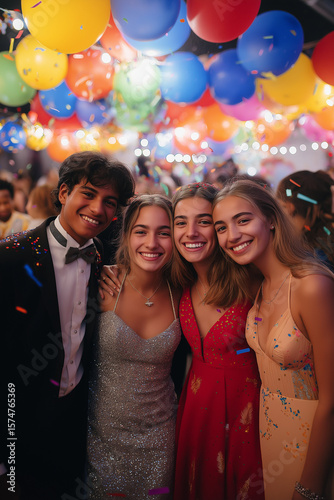 High school prom night with colorful decorations, happy students posing for photos, balloons, confetti, laughter, casual elegance
