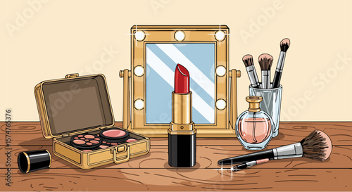 Vector illustration of a classic red lipstick with vintage-style gold case, clean lines and soft highlights, isolated.generative ai