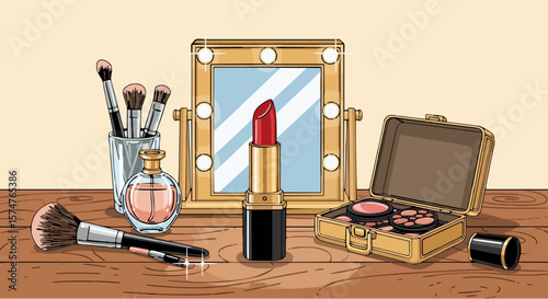 Vector illustration of a classic red lipstick with vintage-style gold case, clean lines and soft highlights, isolated.generative ai